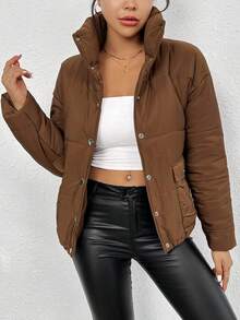 SHEIN Essnce 纯色按扣加厚棉服冬季 - 棕色 - 查看 6
