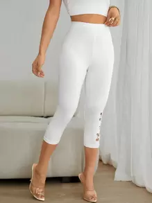 SHEIN Privé 素色花卉圖案鏤空七分緊身打底褲 - 白色 - 查看 1