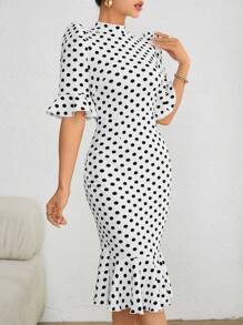 SHEIN Privé 波點圖案喇叭袖魚尾裙下擺洋裝 - 白色 - 查看 4