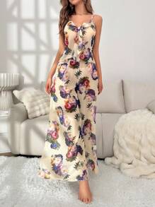 Conjunto de pijama con top de camisa de tirantes con nudo frontal y pantalón de pierna ancha con estampado floral - Albaricoque - Ver 6