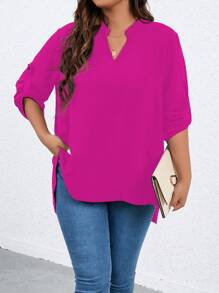 SHEIN LUNE Hơn Đường viền cổ có rãnh Tay áo cuộn Hem cao thấp Áo sơ mi - Màu Hồng Tươi - Xem 6