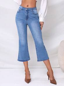 SHEIN Privé Jeans de talle alto pierna amplia capri - Azul lavado medio - Ver 3