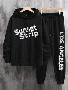 Manfinity LEGND Men Letter Graphic Drawstring Hoodie & Sweatpants - Black - View 3