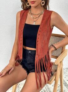 SHEIN VCAY Hollow Out Fringe Hem Open Front Vest Jacket - Redwood - View 6