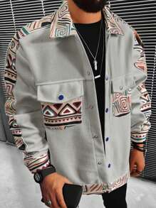 Manfinity Homme 男士幾何印花翻蓋口袋外套 - 灰色 - 查看 1