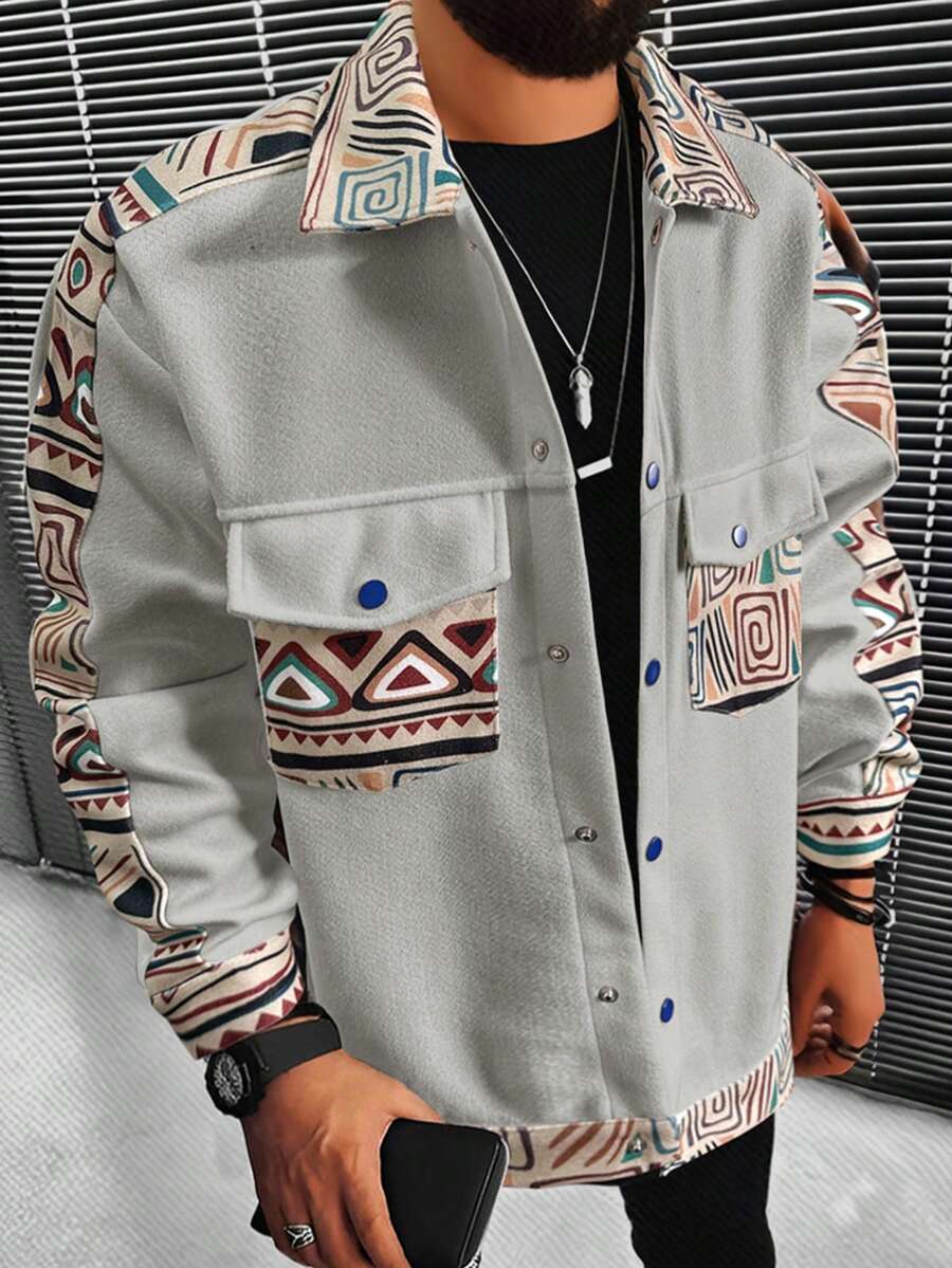 Manfinity Homme 男士幾何印花翻蓋口袋外套 - 灰色 - 查看 1
