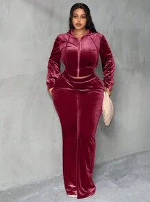 Slaydiva Áo khoác có mũ trùm đầu có dây rút và quần ống loe, mùa đông - Màu Đỏ Sâu - Xem 5