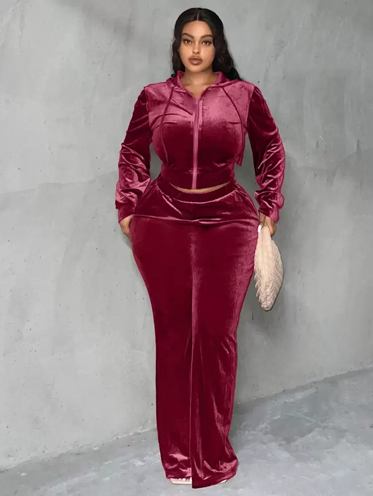 Plus Zip Up Drawstring Hooded Cord Jacket & Flare Leg Pants, Winter