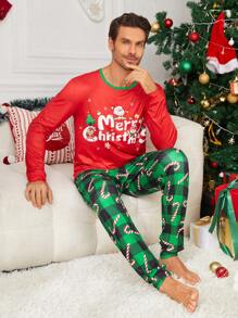 Christmas Candy Cane Patterned Men's Pajamas Set Family Matching Outfit - Red - View 1