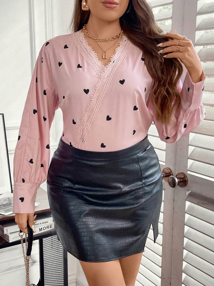 Plus Heart Print Guipure Lace Trim Lantern Sleeve Guipure Lace Insert Blouse