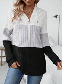 SHEIN LUNE Áo hoodie phối màu, cổ kéo khóa nửa thân, có dây rút, thích hợp cho lễ tốt nghiệp, tựu trường, lễ tốt nghiệp, giáo viên nữ, áo nỉ mùa thu cho mùa tựu trường. - Nhiều màu - Xem 1