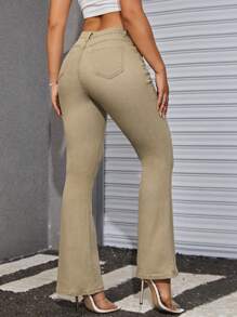 SHEIN ICON Slant Pocket Flare Leg Jeans - Khaki - View 2