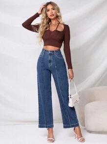 SHEIN Privé High Waist Straight Leg Jeans - Dark Wash - View 1