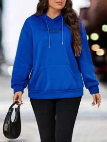 Calvaya 加大码标语图案落肩抽绳卫衣 - 寶藍色 - 查看 6