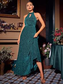 Simplee 鎖眼領金屬亮絲吊脖舞會洋裝 - 綠色 - 查看 4