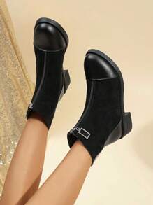 Women's Fashion Ankle Boots, Thick Heel And Sole, Casual Slip-on Design - Black - View 1