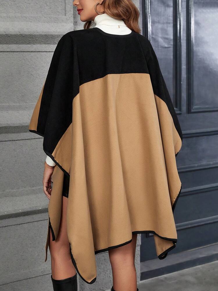 Colorblock Contrast Binding Batwing Sleeve Belted Cape Overcoat