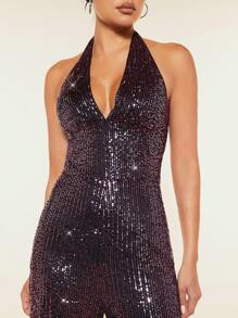 SHEIN BAE Christmas Plunging Neck Backless Sequin Halter Jumpsuit - Red Violet - View 6