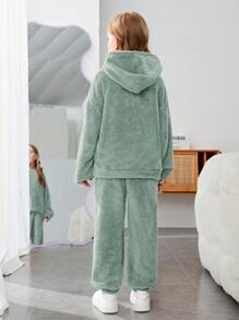 SHEIN Leap Crew Cô gái Tween Thư được vá Thả vai Flannel Áo Hoodie & Quần - Màu xanh Bạc hà - Xem 2