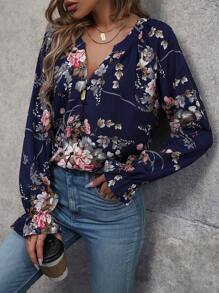 EMERY ROSE In hoa tay áo lá sen Áo sơ mi - Màu xanh hải quân - Xem 1