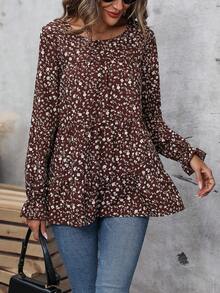 SHEIN LUNE 印花喇叭袖荷葉邊下擺襯衫 - 咖啡棕 - 查看 6