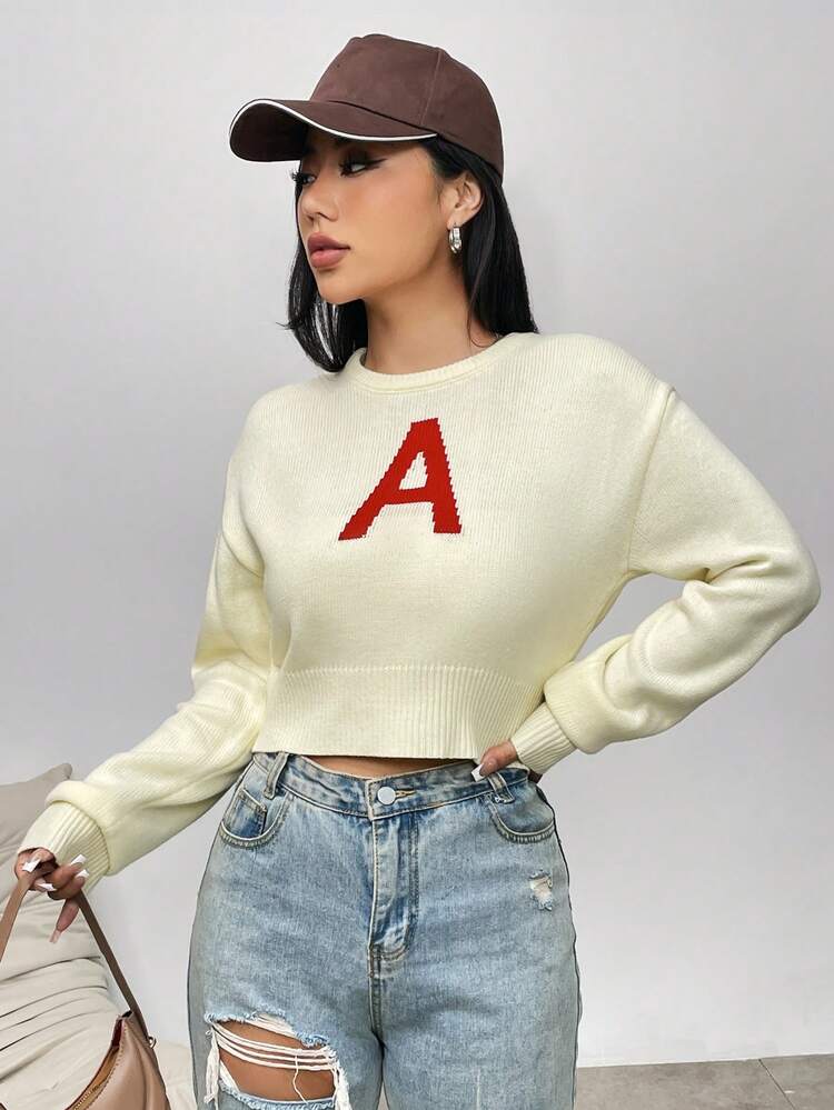 Letter Pattern Drop Shoulder Crop Sweater