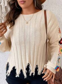 SHEIN VCAY Plus Floral Pattern Drop Shoulder Distressed Sweater - Multicolor - View 4