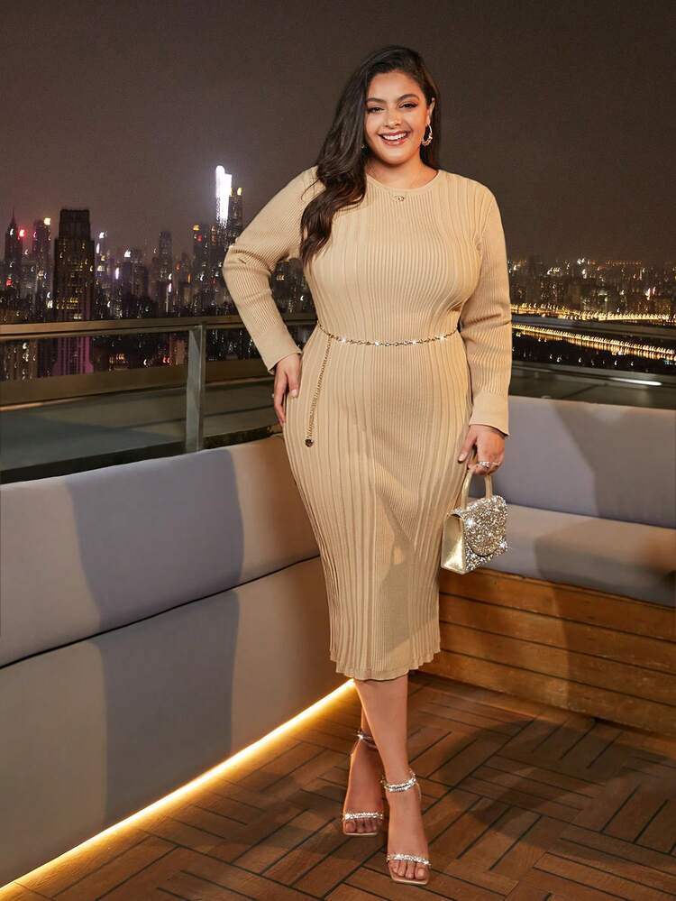 Plus Solid Ribbed Knit Bodycon Dress