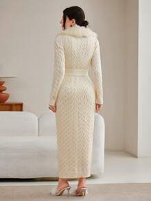 Modelyn Chất rắn Váy len bó sát & 	
Fuzzy Vòng cổ Áo len Mở - Màu be - Xem 2