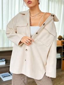 SHEIN EZwear Abrigo con bolsillo con solapa de hombros caídos - Albaricoque - Ver 3