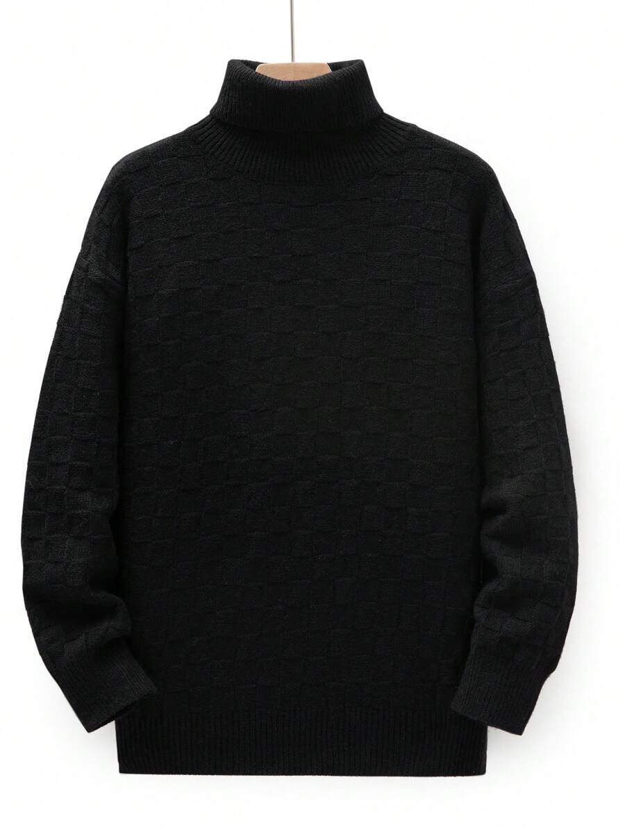 Men Solid Turtleneck Drop Shoulder Sweater - Black - View 1