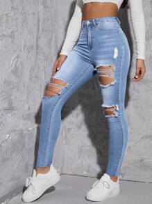 High Waist Ripped Skinny Jeans - Light Wash - View 4