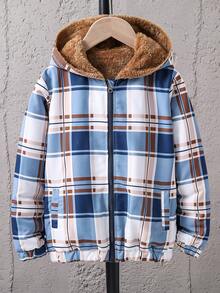 Tween Boy Plaid Print Hooded Thermal Lined Jacket - Multicolor - View 3