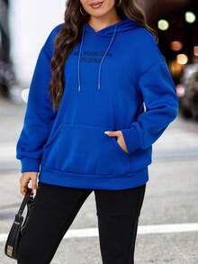 Calvaya 加大码标语图案落肩抽绳卫衣 - 寶藍色 - 查看 5