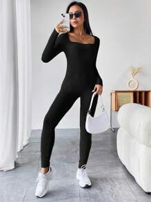 SHEIN PETITE 素色大圓領彈力緊身連體褲 - 黑色 - 查看 7