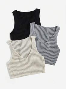 Flirla Plus 3pcs Ribbed Knit Sweater Vest - Multicolor - View 3