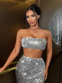 SHEIN SXY New Year Sequin Crop Tube Top - Silver - View 1