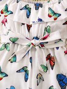 SHEIN Cô Gái Trẻ In bướm Viền Ruffle Vai lạnh Thắt lưng Áo liền quần - Nhiều màu - Xem 4