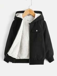 SHEIN 女大童翻蓋口袋毛絨內襯連帽夾克 - 黑色 - 查看 1