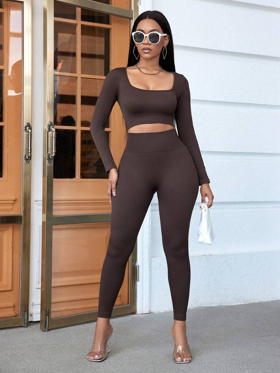 Square Neck Crop Tee & Leggings - Coffee Brown - View 1