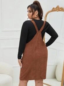 SHEIN EZwear Plus Patched Pocket Corduroy Pinafore Dress Without Tee - Brown - View 2