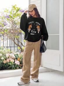 SHEIN EZwear Tiger & Slogan Graphic Drop Shoulder Sweatshirt - Black - View 4