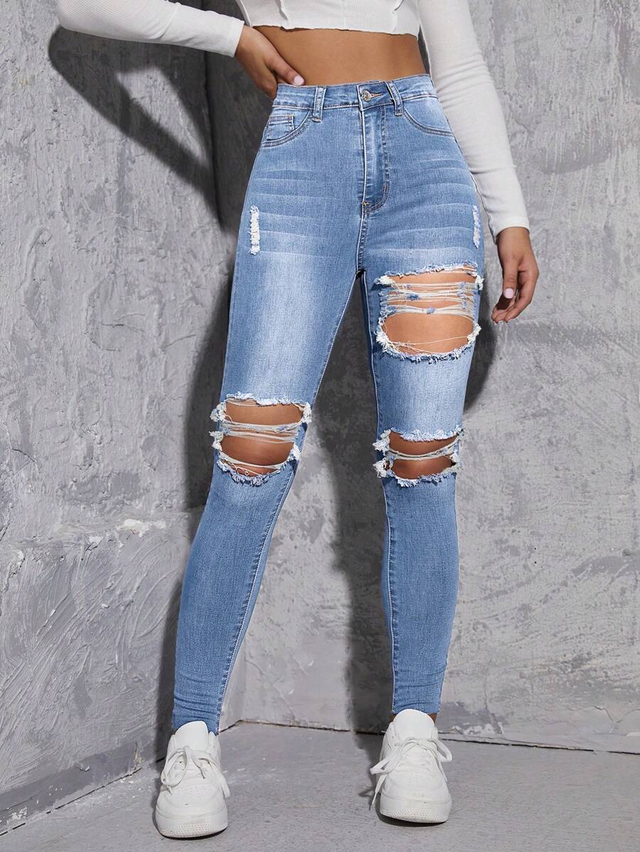 High Waist Ripped Skinny Jeans - Light Wash - View 1