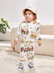 SHEIN 男嬰卡通圖案連帽衫和運動褲 - 杏色 - 查看 1