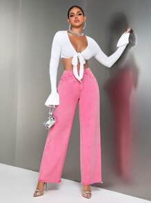 SHEIN SXY 高腰毛邊闊腿牛仔褲 - 玫紅色 - 查看 1