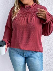 SHEIN Clasi Hơn Chấm Swiss Tay áo loe Lá sen tỉa Cổ giả Áo sơ mi - Màu Đỏ Sâu - Xem 1