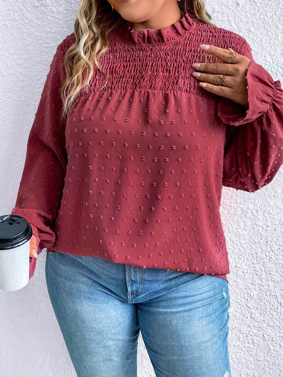 SHEIN Clasi Hơn Chấm Swiss Tay áo loe Lá sen tỉa Cổ giả Áo sơ mi - Màu Đỏ Sâu - Xem 1