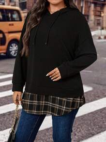 Calvaya Plus Plaid Print Drop Shoulder Drawstring Hoodie Pullover Fall Outfit