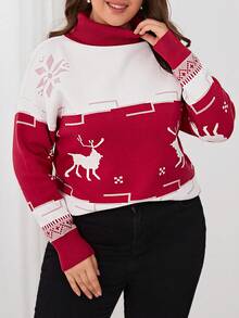 SHEIN LUNE Talla grande Jersey con patrón de Navidad cuello alto de hombros caídos - Multicolor - Ver 4