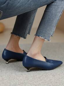 Tacones altos de punta fina para mujer, zapatos de oficina y trabajo versátiles de slip-on, nuevos estilos de primavera/otoño - Azul Marino - Ver 3